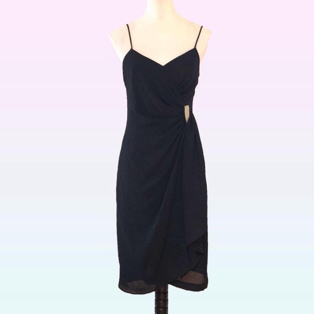 Vintage Samantha Black chiffon draped midi dress with rhinestone brooch